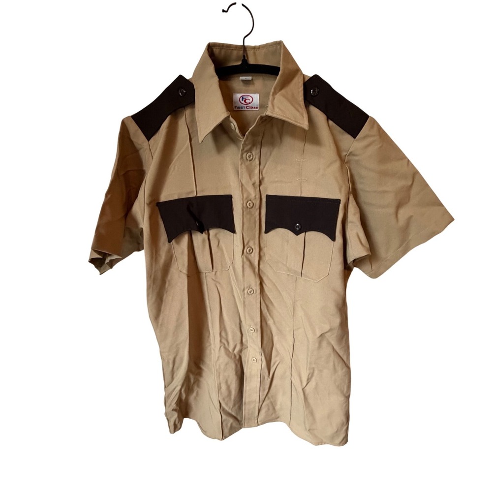 First Class Mens Tan Black Tactical Security Uniform Shirt Short Sleeve Medium